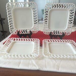 VINTAGE, SET OF 4, WESTMORELAND, MILK GLASS, S PATTERN, 8 3/8” SQUARE PLATES.